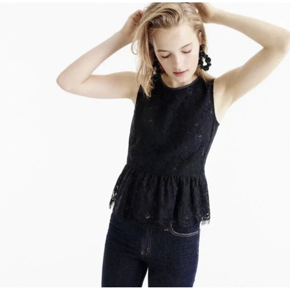 NWT J. Crew Black Lace Sleeveless Peplum Top Chic Blouse Women’s Size 8 NEW $88